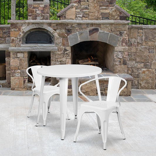 30'' Round White Metal Indoor-Outdoor Table Set with 2 Arm Chairs