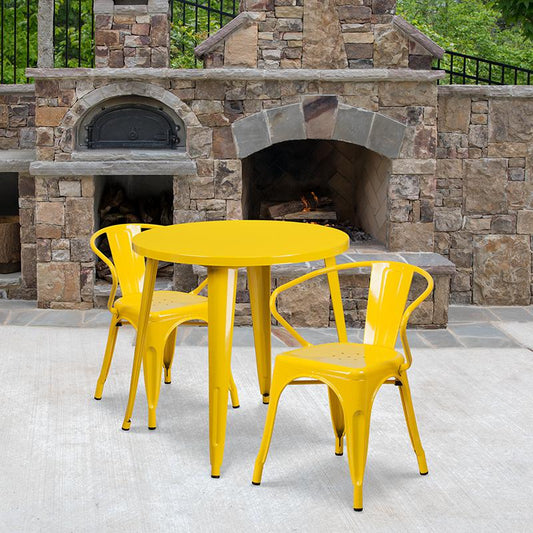 30'' Round Yellow Metal Indoor-Outdoor Table Set with 2 Arm Chairs