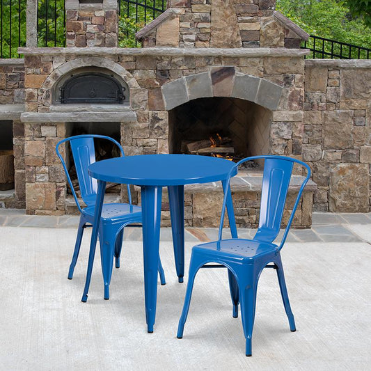 30'' Round Blue Metal Indoor-Outdoor Table Set with 2 Cafe Chairs