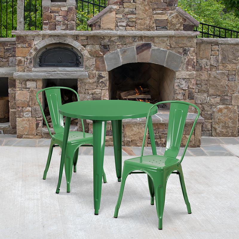 30'' Round Green Metal Indoor-Outdoor Table Set with 2 Cafe Chairs