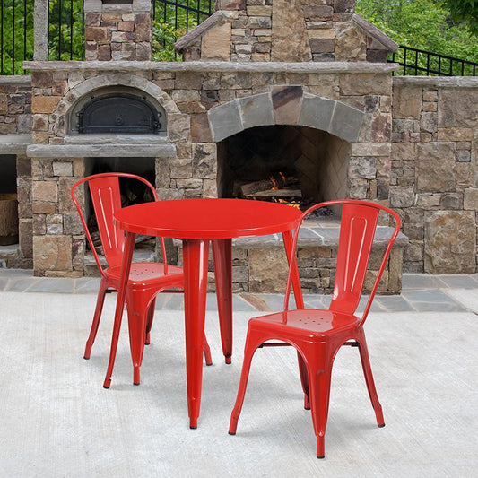 30'' Round Red Metal Indoor-Outdoor Table Set with 2 Cafe Chairs