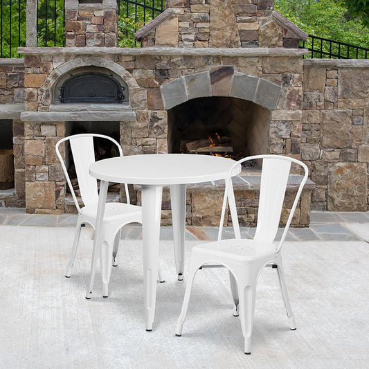 30'' Round White Metal Indoor-Outdoor Table Set with 2 Cafe Chairs