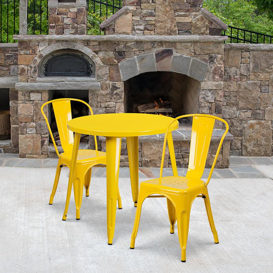 30'' Round Yellow Metal Indoor-Outdoor Table Set with 2 Cafe Chairs