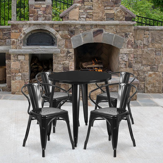 30'' Round Black Metal Indoor-Outdoor Table Set with 4 Arm Chairs