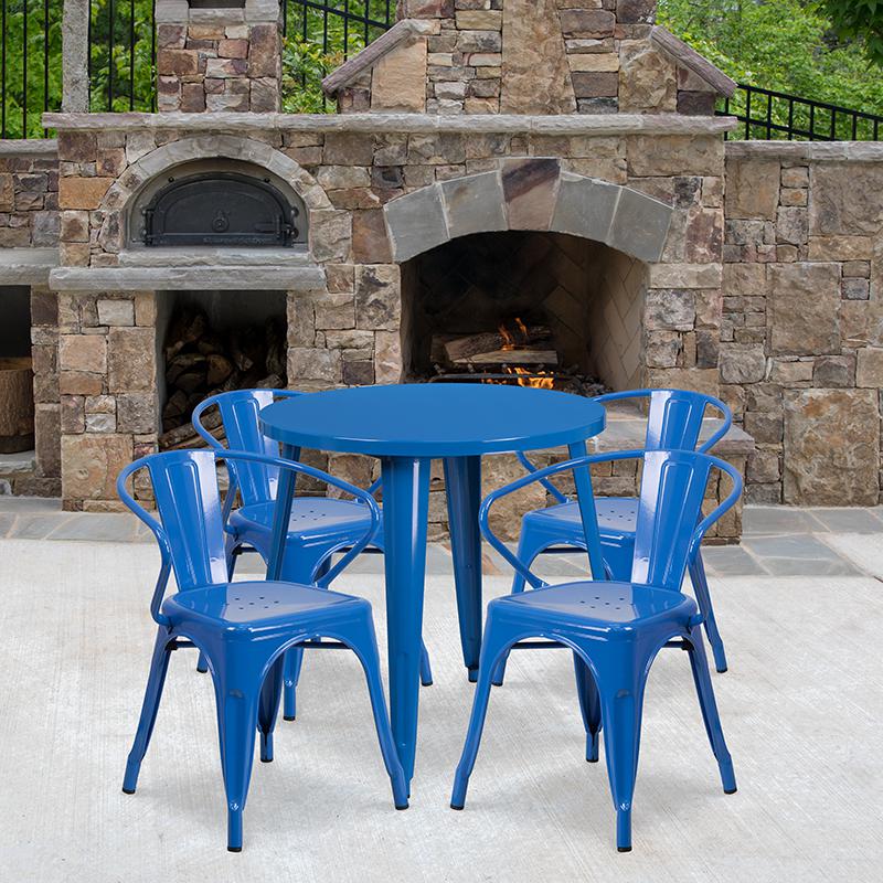 30'' Round Blue Metal Indoor-Outdoor Table Set with 4 Arm Chairs