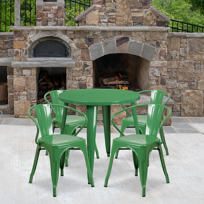 30'' Round Green Metal Indoor-Outdoor Table Set with 4 Arm Chairs