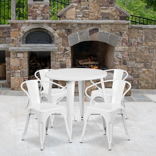 30'' Round White Metal Indoor-Outdoor Table Set with 4 Arm Chairs