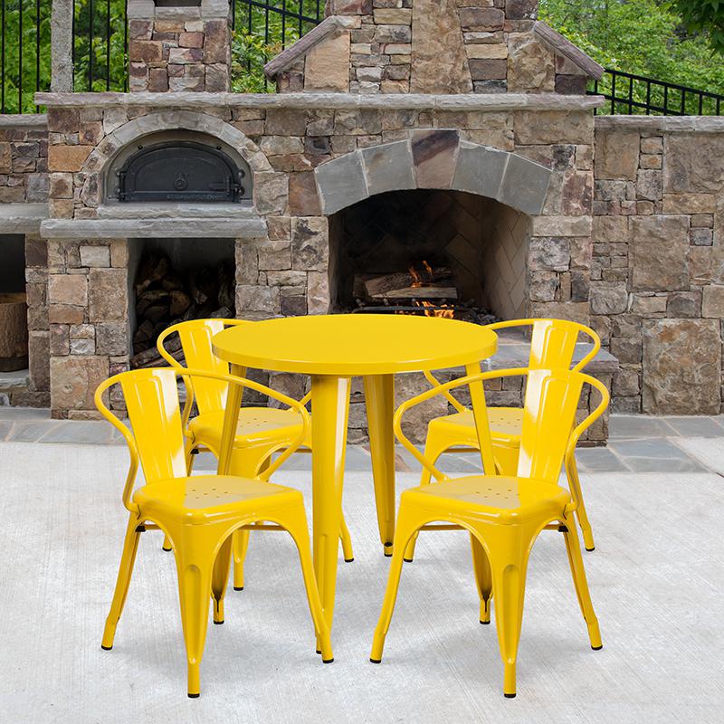 30'' Round Yellow Metal Indoor-Outdoor Table Set with 4 Arm Chairs