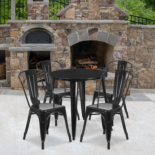 30'' Round Black Metal Indoor-Outdoor Table Set with 4 Cafe Chairs