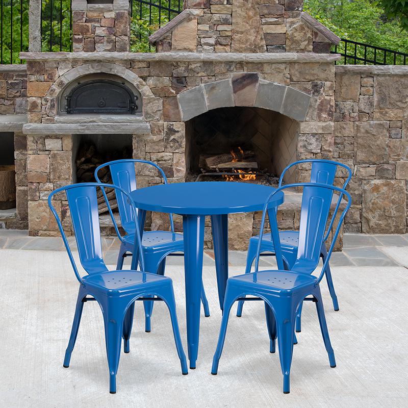 30'' Round Blue Metal Indoor-Outdoor Table Set with 4 Cafe Chairs