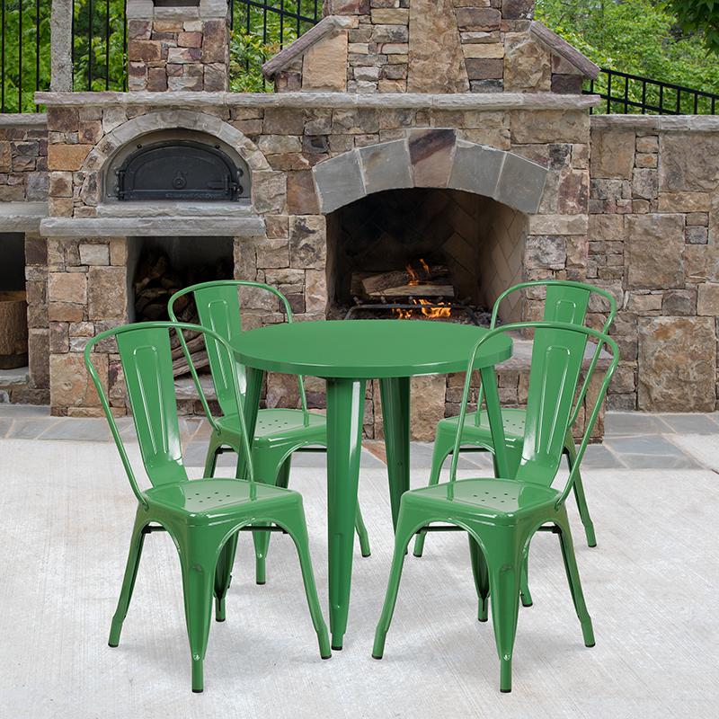 30'' Round Green Metal Indoor-Outdoor Table Set with 4 Cafe Chairs