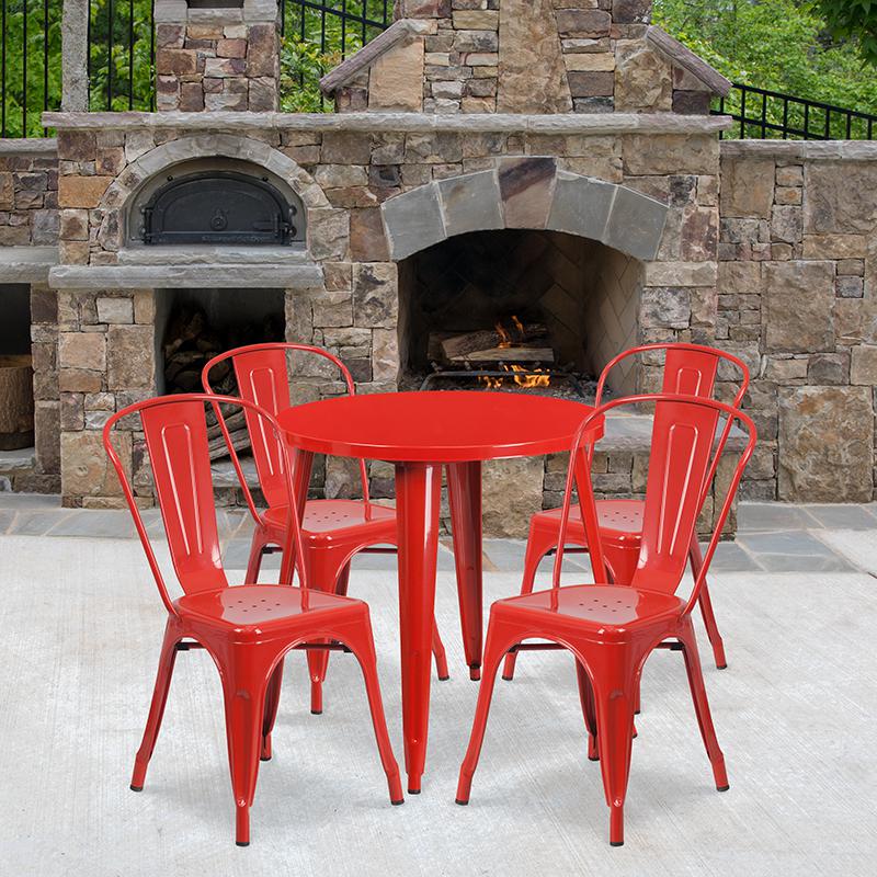 30'' Round Red Metal Indoor-Outdoor Table Set with 4 Cafe Chairs