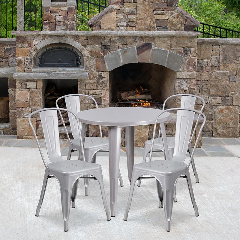 30'' Round Silver Metal Indoor-Outdoor Table Set with 4 Cafe Chairs