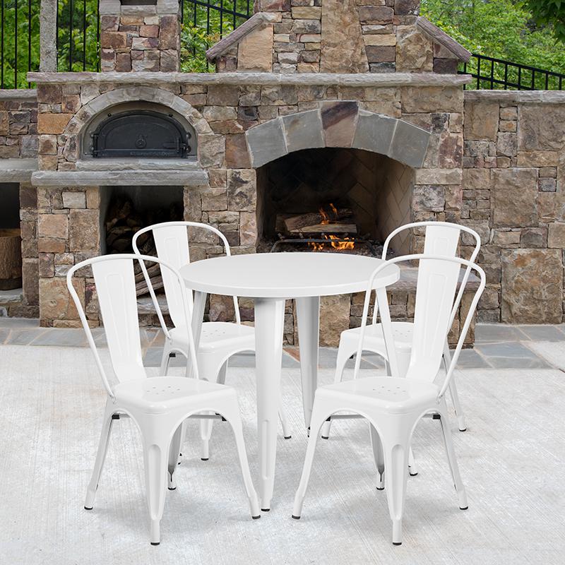 30'' Round White Metal Indoor-Outdoor Table Set with 4 Cafe Chairs