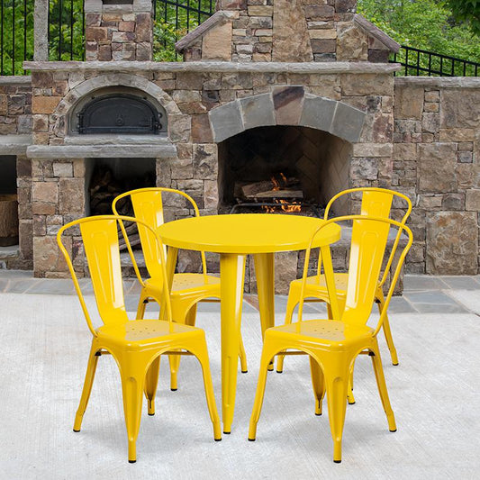 30'' Round Yellow Metal Indoor-Outdoor Table Set with 4 Cafe Chairs