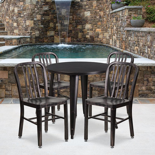 30"Round Black-Antique Gold Metal In-Outdoor Table Set-4 Vertical SlatChairs