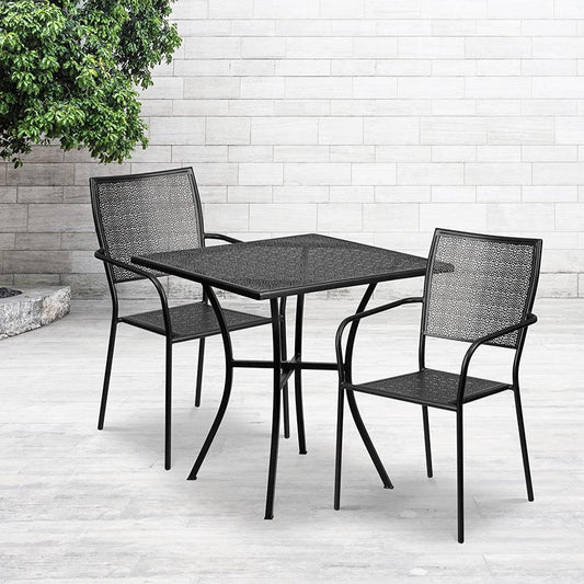 Commercial Grade 28" Square Black Indoor-Outdoor Steel Patio Table Set with 2 Square Back Chairs