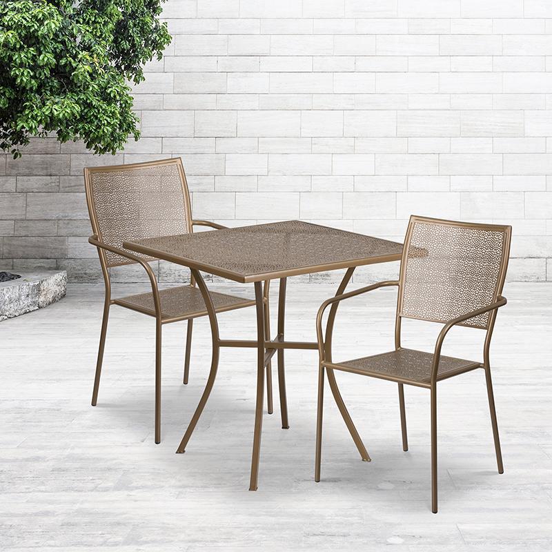 Commercial Grade 28" Square Gold Indoor-Outdoor Steel Patio Table Set with 2 Square Back Chairs