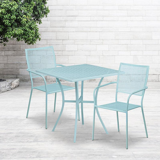 Commercial Grade 28" Square Sky Blue Indoor-Outdoor Steel Patio Table Set with 2 Square Back Chairs