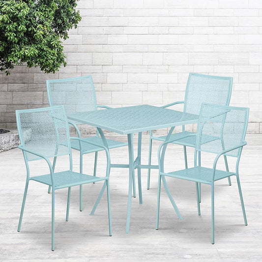 Commercial Grade 28" Square Sky Blue Indoor-Outdoor Steel Patio Table Set with 4 Square Back Chairs