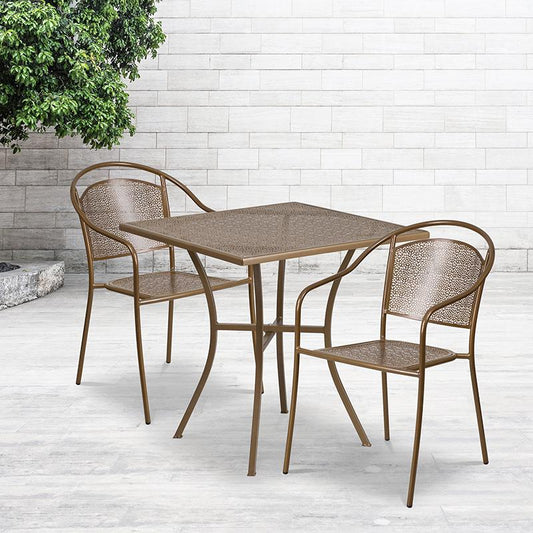 Commercial Grade 28" Square Gold Indoor-Outdoor Steel Patio Table Set with 2 Round Back Chairs