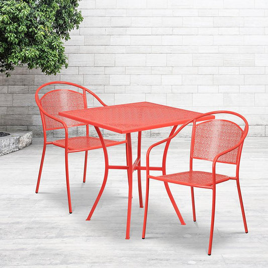 Commercial Grade 28" Square Coral Indoor-Outdoor Steel Patio Table Set with 2 Round Back Chairs