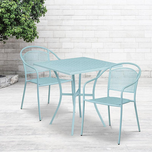 Commercial Grade 28" Square Sky Blue Indoor-Outdoor Steel Patio Table Set with 2 Round Back Chairs