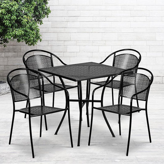 Commercial Grade 28" Square Black Indoor-Outdoor Steel Patio Table Set with 4 Round Back Chairs