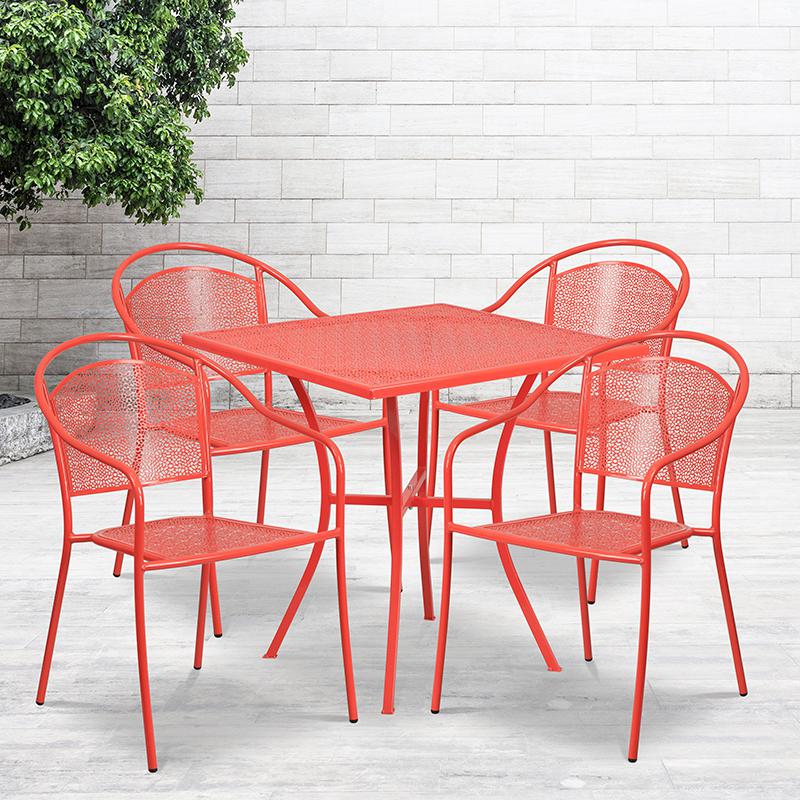 Commercial Grade 28" Square Coral Indoor-Outdoor Steel Patio Table Set with 4 Round Back Chairs