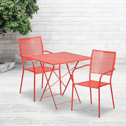 Commercial Grade 28" Square Coral Indoor-Outdoor Steel Folding Patio Table Set with 2 Square Back Chairs