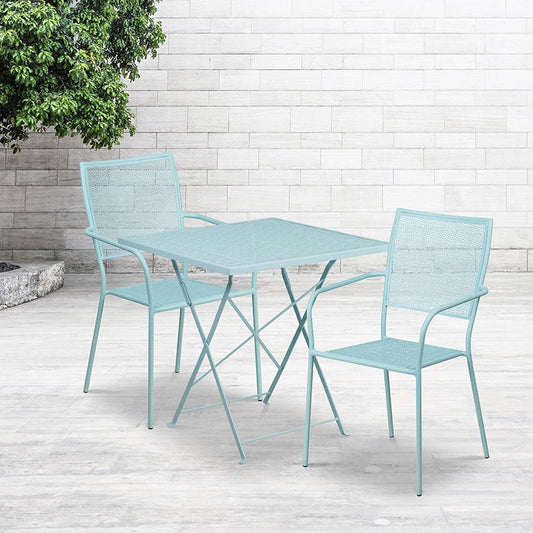 Commercial Grade 28" Square Sky Blue Indoor-Outdoor Steel Folding Patio Table Set with 2 Square Back Chairs