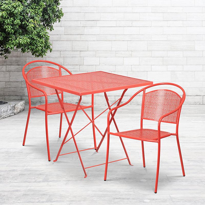 Commercial Grade 28" Square Coral Indoor-Outdoor Steel Folding Patio Table Set with 2 Round Back Chairs