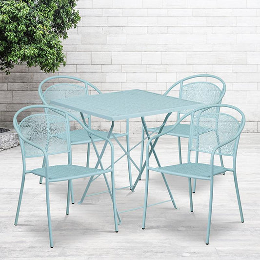 Commercial Grade 28" Square Sky Blue Indoor-Outdoor Steel Folding Patio Table Set with 4 Round Back Chairs