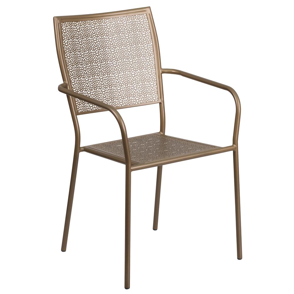 Commercial Grade Gold Indoor-Outdoor Steel Patio Arm Chair with Square Back