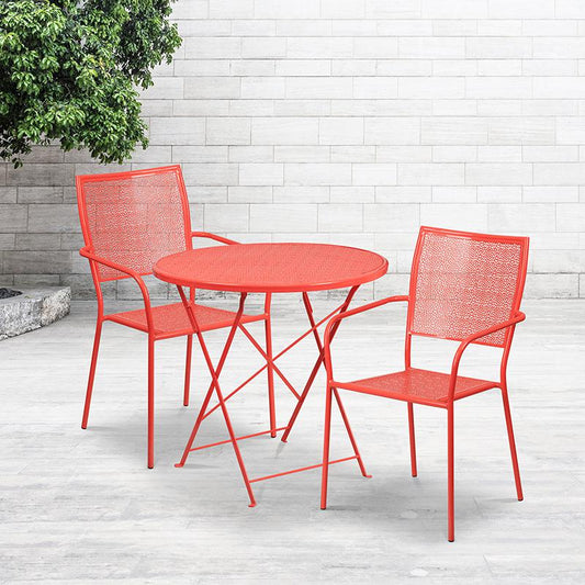 Commercial Grade 30" Round Coral Indoor-Outdoor Steel Folding Patio Table Set with 2 Square Back Chairs