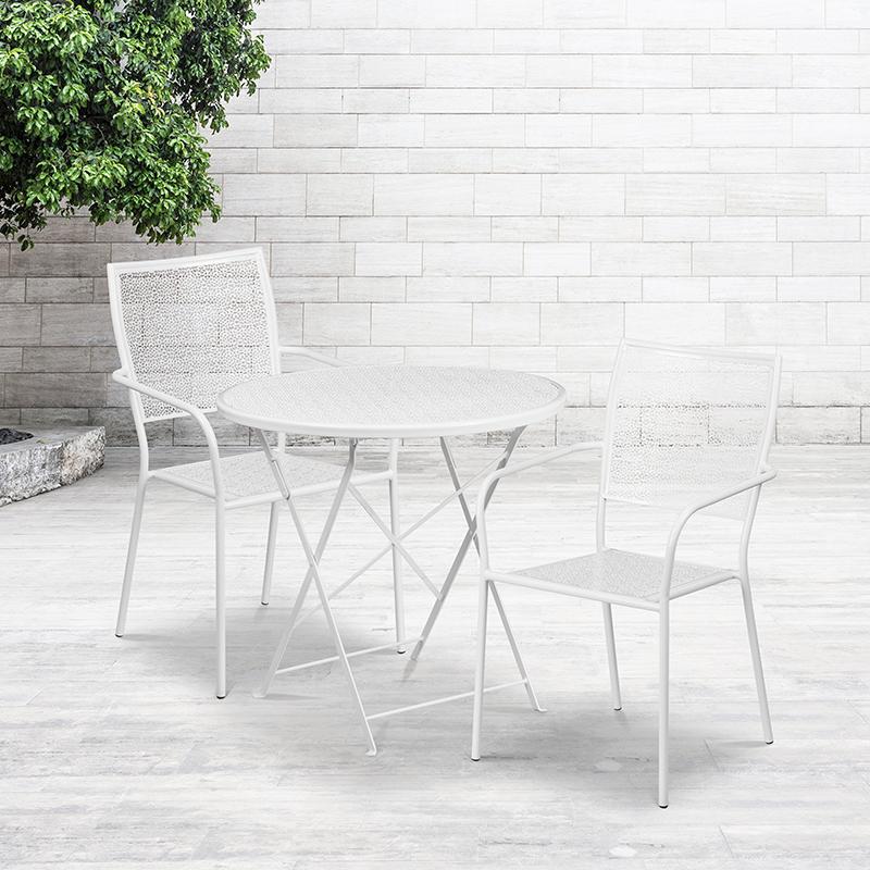 Commercial Grade 30" Round White Indoor-Outdoor Steel Folding Patio Table Set with 2 Square Back Chairs