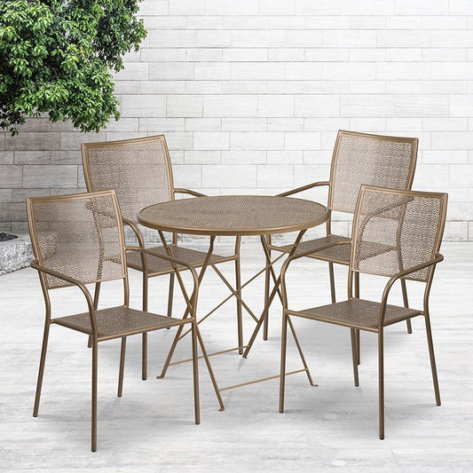 Commercial Grade 30" Round Gold Indoor-Outdoor Steel Folding Patio Table Set with 4 Square Back Chairs