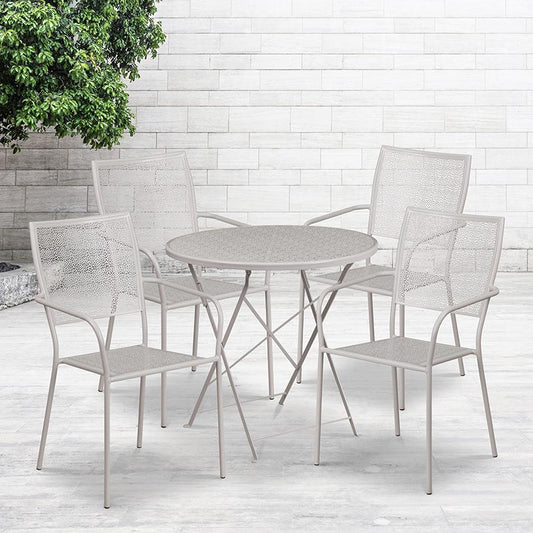 Commercial Grade 30" Round Light Gray Indoor-Outdoor Steel Folding Patio Table Set with 4 Square Back Chairs