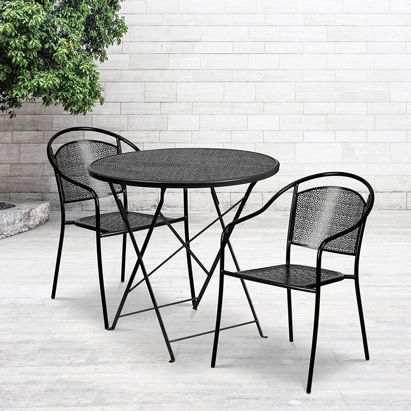 Commercial Grade 30" Round Black Indoor-Outdoor Steel Folding Patio Table Set with 2 Round Back Chairs