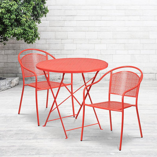 Commercial Grade 30" Round Coral Indoor-Outdoor Steel Folding Patio Table Set with 2 Round Back Chairs