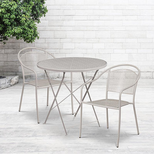 Commercial Grade 30" Round Light Gray Indoor-Outdoor Steel Folding Patio Table Set with 2 Round Back Chairs