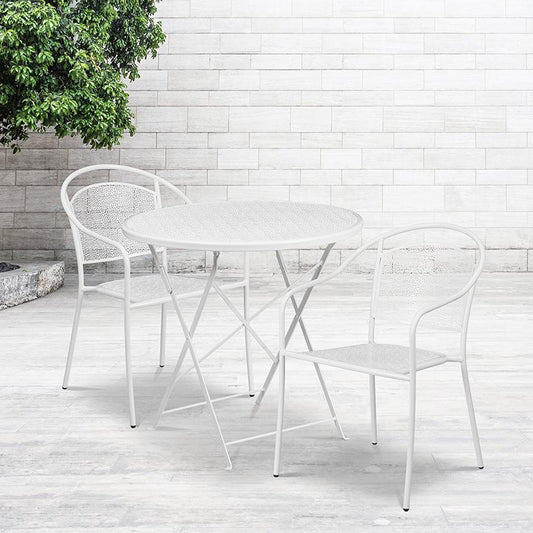 Commercial Grade 30" Round White Indoor-Outdoor Steel Folding Patio Table Set with 2 Round Back Chairs