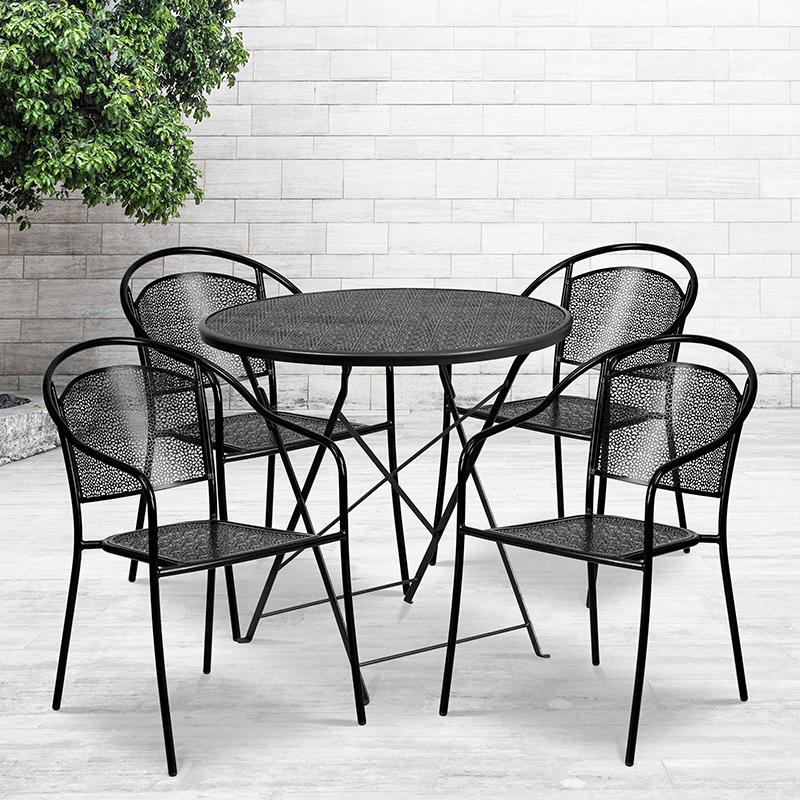 Commercial Grade 30" Round Black Indoor-Outdoor Steel Folding Patio Table Set with 4 Round Back Chairs