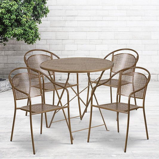 Commercial Grade 30" Round Gold Indoor-Outdoor Steel Folding Patio Table Set with 4 Round Back Chairs