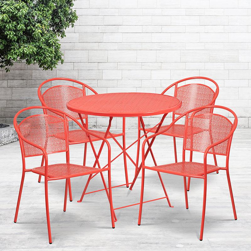 Commercial Grade 30" Round Coral Indoor-Outdoor Steel Folding Patio Table Set with 4 Round Back Chairs