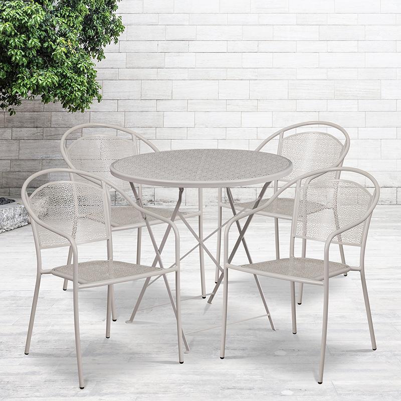 Commercial Grade 30" Round Light Gray Indoor-Outdoor Steel Folding Patio Table Set with 4 Round Back Chairs