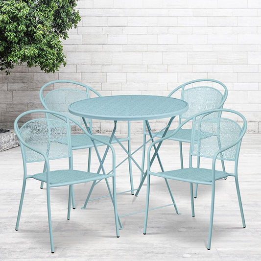 Commercial Grade 30" Round Sky Blue Indoor-Outdoor Steel Folding Patio Table Set with 4 Round Back Chairs