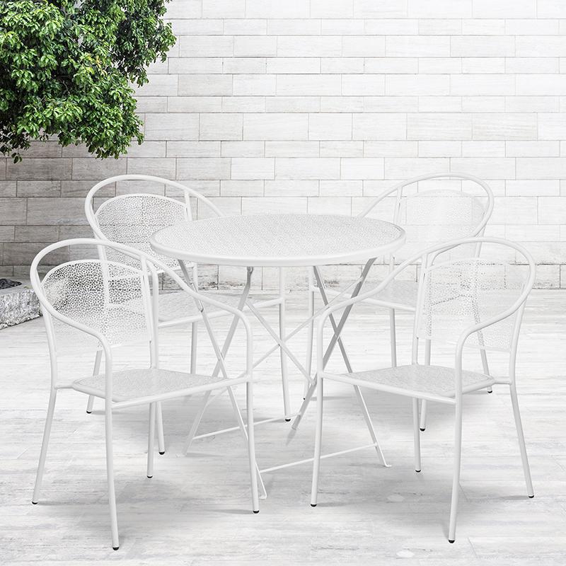 Commercial Grade 30" Round White Indoor-Outdoor Steel Folding Patio Table Set with 4 Round Back Chairs