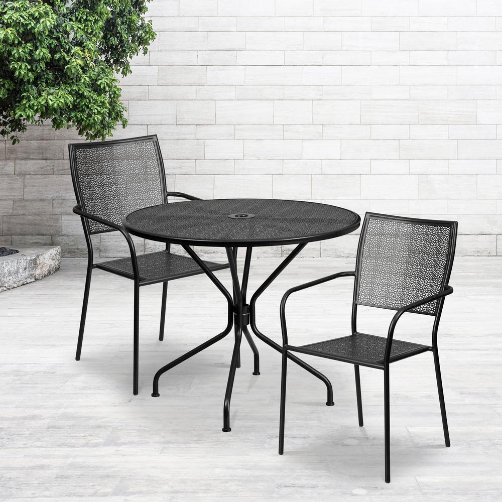 Commercial Grade 35.25" Round Black Indoor-Outdoor Steel Patio Table Set with 2 Square Back Chairs