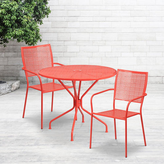 Commercial Grade 35.25" Round Coral Indoor-Outdoor Steel Patio Table Set with 2 Square Back Chairs